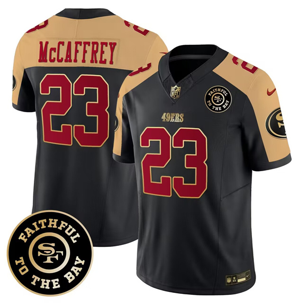 Men's San Francisco 49ers #23 Christian McCaffrey Black/Gold 2023 F.U.S.E. Faithful To The Bay Patch Stitched Jersey Men's San Francisco 49ers #23 Christian McCaffrey Black/Gold 2023 F.U.S.E. Faithful To The Bay Patch Stitched Jersey